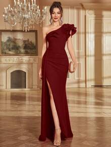 Elisanya Spring/Summer High Slit Wedding Party Guest Dress With Sequin Embellishment, Open Back & Ruffle Trim, Fitted - Burgundy - View 2