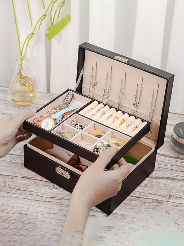 1pc Double-Layer Leather Jewelry Box With Lock, Earring Storage Box, Double-Layer Jewelry Box, Detachable Jewelry Tray, Dressing Table Storage Box, Multifunctional Storage Earrings, Bracelets, Rings, Necklaces, Storage Organization, Storage Display, Aesthetic Room Decoration, Home Decoration, Bathroom Decoration, Bedroom Decoration, New Year's Gift, Valentine's Day Gift, Ideal Gift For Girlfriends For Women Storage Organizer Travel Essentials Back To School Dormitory Storage