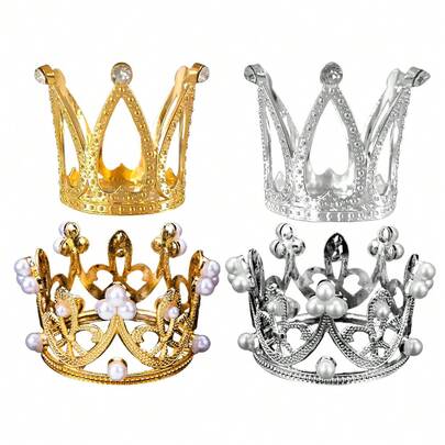 1pc Gold/Silver Metal Mini Heart Crown Cake Topper, Creative Rhinestone Decor Cake Accessory For Birthday, Holiday, Party, Valentine's Day