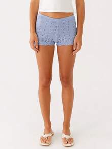 Women Knit Shorts Y2k Crochet Knitted Mini Shorts Cute Elastic Waist Solid Color Hollow Out Bottom Summer Beachwear Lounge Shorts - 藍色 - 查看 4