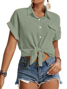 Women's Casual Collared Cap Sleeves Shirt Button Down Work Blouse Tops With Pockets - 黃綠色 - 查看 4