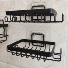 1 pieza Jabonera cuadrada de acero inoxidable, organizador de baño para ducha, estante de pared para jabón con ganchos multifuncionales - Esencial para apartamentos, hogares y baños de dormitorios, lavandería y cocina