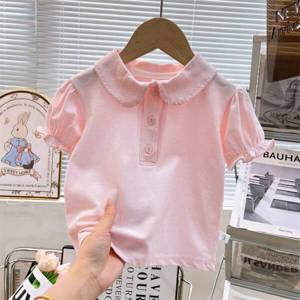 1 pieza Polo de niña color rosa, con cuello Peter Pan y mangas, blusa de verano para niñas, camiseta interior para uniforme escolar