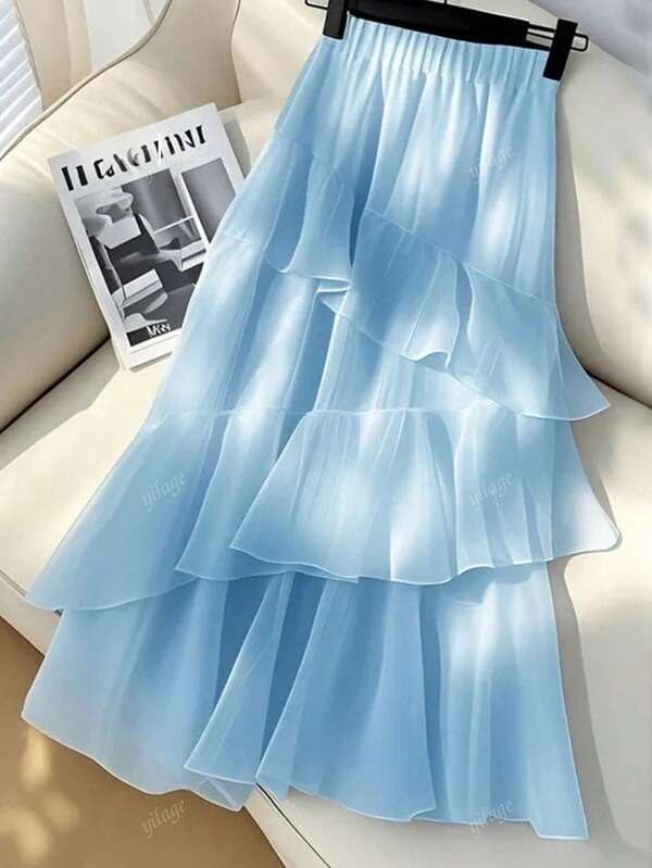 Europäischer neuer Kuchen Geburtstagskleider für Frauen, modisch und vielseitig, einfarbig, elegante Sommermode für Frauen, hochtailliger blauer Chiffon A-Linie Midi Rock für Frauen