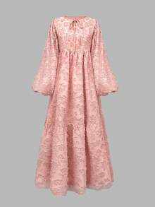 女士优雅中东风灯笼袖纹理长裙 - 粉色 - 查看 2