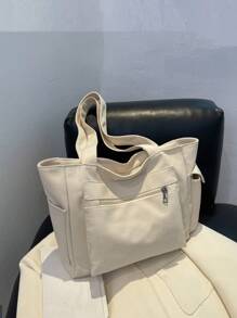 Bolsa de ombro grande com vários bolsos, cor lisa, moderna, minimalista, casual, para viagem, escola, compras