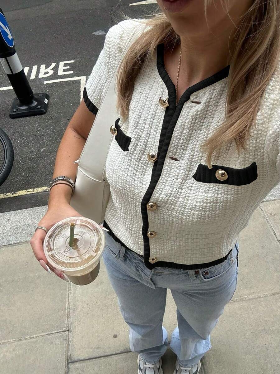 Nuevo Cárdigan de mujer de manga corta con cuello redondo y hebilla metálica, de primavera y verano, de punto, de temperamento simple, casual de vacaciones, delgado, suéter de moda de manga corta, para graduación