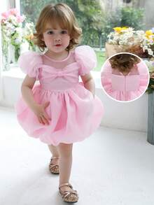 Baby Girls' Pink Tulle Bow Puff Sleeve Elegant Princess Dress, Suitable For 1st Birthday Gift, Party, Flower Girl, Wedding, School Performance, Holiday Celebration, Prom - Pink - View 3