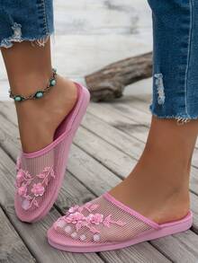 Sandalias planas elegantes con decoración floral de cuentas y lentejuelas hechas a mano en color rosa para mujer, cómodas, ligeras y transpirables, tipo mula estilo Y2K para primavera/verano, con suela de EVA para usar en la playa, vacaciones o en interiores - Rosa - Ver 4