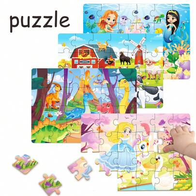 Rompecabezas educativos 4 en 1 para niños de 3 a 6 años - Temas de dinosaurios, granja, princesa y transporte. Cada set incluye 1 rompecabezas (24 piezas) y 1 manual de instrucciones, diseñado para estimular la curiosidad y el enfoque de los niños con ilustraciones de escenas sencillas.