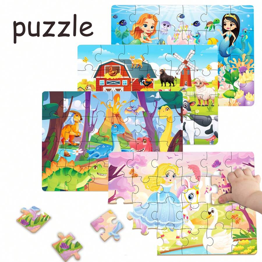 4-in-1 Lernpuzzle für Kinder von 3-6 Jahren - Themen Dinosaurier, Bauernhof, Prinzessin und Transport. Jeder Set enthält 1 Puzzle (24 Teile) und 1 Anleitung, entwickelt um die Neugier und Konzentration von Kindern mit einfachen Szenenillustrationen zu fördern.
