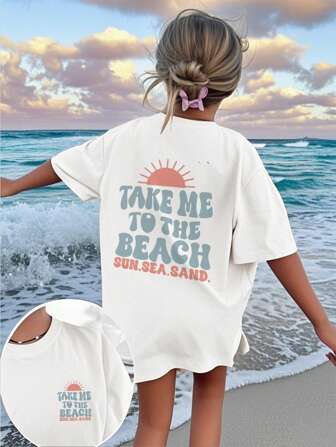1 Stück bedruckter Mädchen Pullover Weißes Kurzarm T-Shirt, Studentisch Junges Lässig Outfit, geeignet für Strandspiele