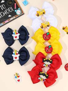 8pcs/2pcs Back To School PVC Ribbon Bow Hair Clips, Apple Book Pencil Black & White Decorative Hair Clips, Colorful Stationery Print Personalized Hair Clips, Suitable For Girls Back To School Gift - Multicolor - View 9