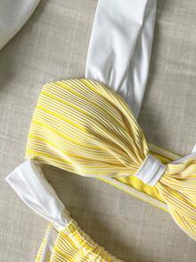Cute Sexy Casual Vacation Beach Contrast Color Bikini Set - Yellow - View 5