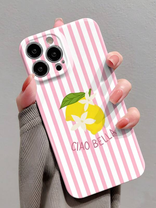 1 pièce Étui de téléphone rigide avec motif floral de citron à rayures minimaliste, perforé et brillant. Convient pour 11/12/13/14/15/16 Pro Max