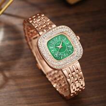 Relógio feminino em ouro rosa, material de liga, mostrador verde, com decoração de folha verde