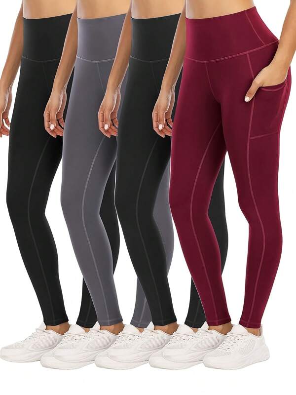 4pcs/Set Plus Size Women's High Waist Soft Slimming Solid Color Leggings, Yoga Pants For Outdoor Running, Cycling With Pockets