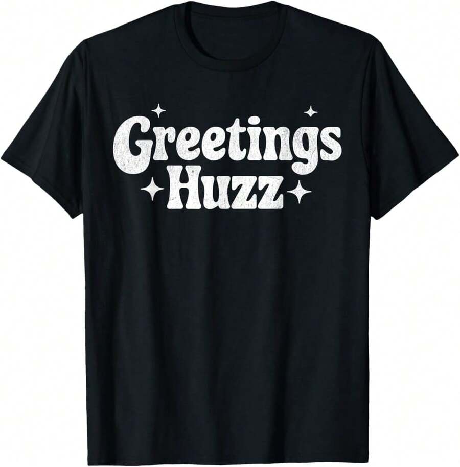 Greetings Huzz Slang Meme Funny For Gen Z Gen Alpha Everyday Cotton T-Shirt - 黑色 - 查看 1
