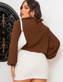 Long Sleeve Round Neck Shirt Blouse With Ruffles - Óxido marrón - Ver 2