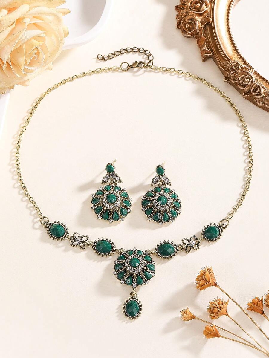 Vintage Colorful Cone Flower Necklace & Earrings Jewelry Set