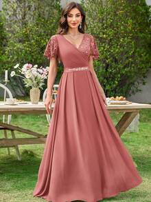 MIUSOL Abito da sera lungo con scollo a V, maniche a volant, orlo plissettato, decorato con fiori e paillettes a contrasto, adatto per invitati di matrimonio, estate, damigelle, cerimonie di laurea, gala ed altre occasioni - Rosa antico - Visualizzare 7