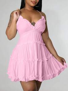 Women's Sexy Backless Sundress - V-Neck Slip Dress With Flutter Hem & Thin Straps, Minimalist Summer Dress For Beach & Date Nights - 粉色 - 查看 1