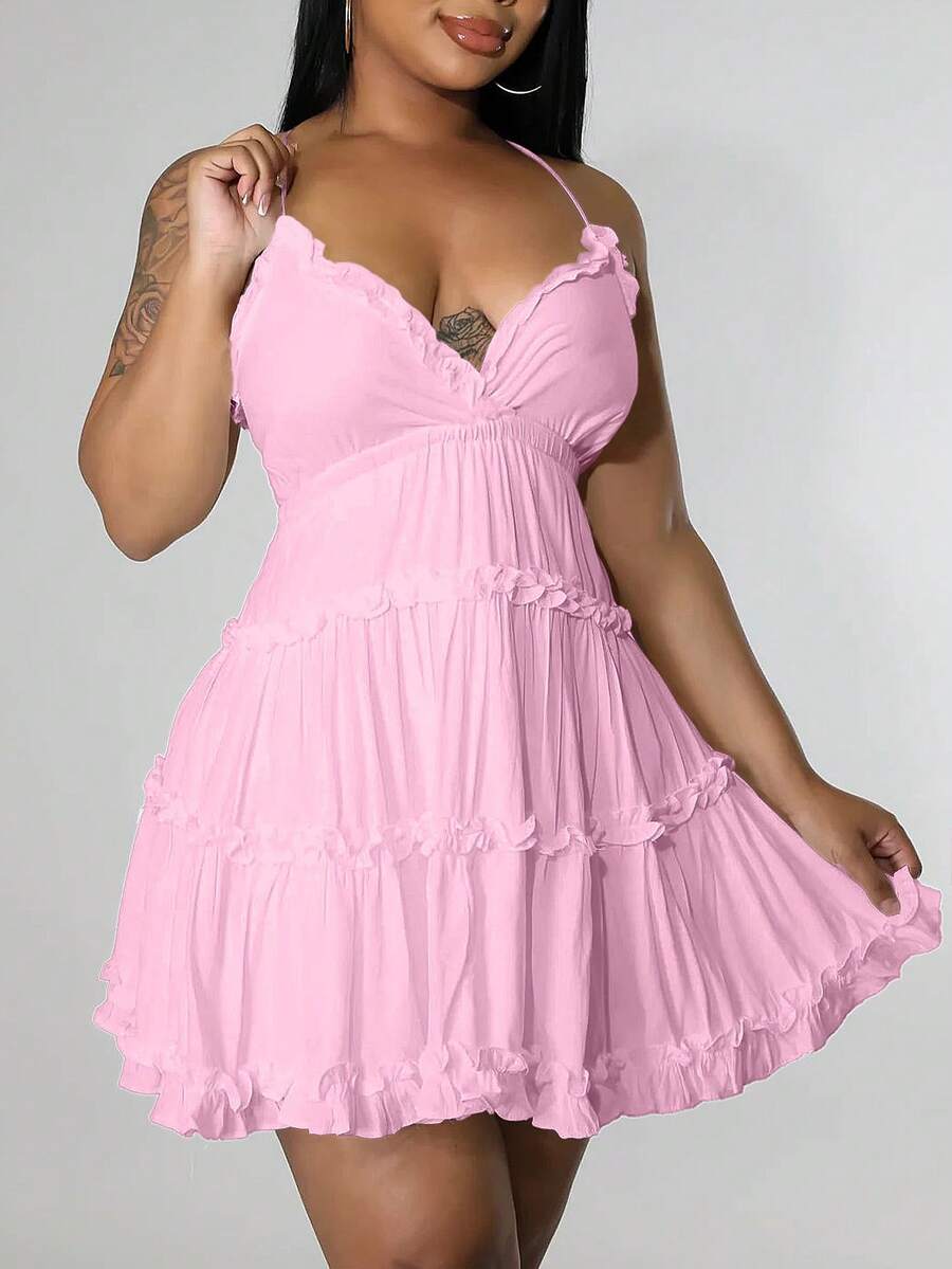 Women's Sexy Backless Sundress - V-Neck Slip Dress With Flutter Hem & Thin Straps, Minimalist Summer Dress For Beach & Date Nights - 粉色 - 查看 1