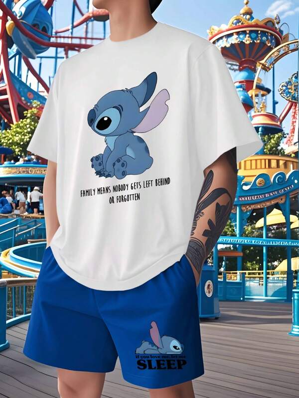 Disney 2 pièces Ensemble t-shirt et short avec imprimé de Disney "La famille signifie que personne n'est laissé derrière" et Stitch. Convient pour la visite de parcs à thème et les vacances décontractées.