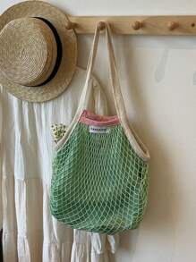 Spacious Rhombic Mesh Woven Shoulder Tote Bag, Women's Summer Versatile Hollow-Out Woven Beach Bag