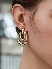 2只时尚金属双圈水滴形夹式耳环，适合无耳洞人士佩戴，圣诞节冬季礼物 - clip - 查看 3