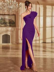 高开衩婚礼派对宾客礼服，串珠露背荷叶边修身连衣裙，春夏款，优雅 - 紫色 - 查看 6