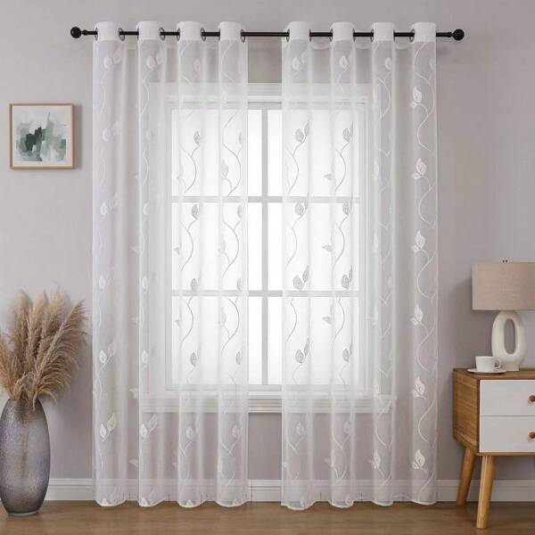 2 Pieces White Sheer Curtains, Luxury Light-Filtering Privacy Protection, Plant Leaves Embroidered Voile, Lightweight And Easy Care, Multi-Size, Top Rings Design For Indoor Outdoor Use - Wedding, Party, Hotel, Farmhouse, Gym, School Chapel, Etc.