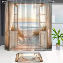 4pcs Sunset Beach Wave Pattern High Quality Shower Curtain With 12 Plastic Hooks, Bathroom Slip-Resistant Mat, U-Shape Toilet Seat Cover, Bathroom Decor Accessories Modern Home Bathroom Accessories Back To School