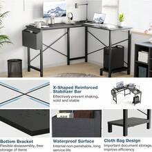 Shaped Desk Gaming Computer 50 Inch Reversible Corner Table PC Work Table For Writing Study Student With Wood Tabletop Metal Frame CPU Stand Side Bag For Home Office Small Place - màu đen - Xem 6
