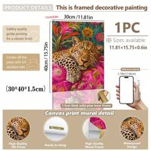 1pc, Canvas Hanging Picture, Framed, Vibrant Lion And Leopard Canvas Poster, Modern Art Wall Decor With Floral And Animal Patterns For Living Room, Bedroom, Bathroom, Home Office - Stylish Interior Home Decor, Room Decor