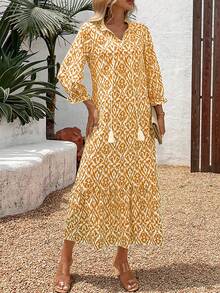 女士 V 领灯笼袖花卉印花长袖连衣裙 - 橘色 - 查看 5