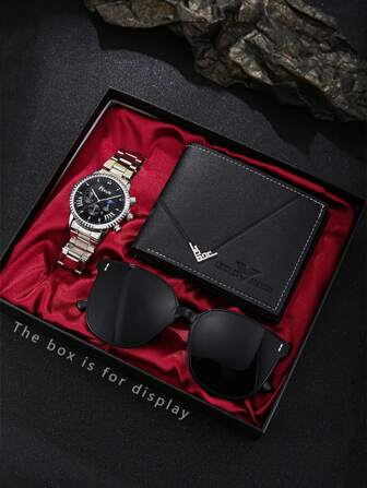 3pcs/Set Fashionable Casual Luxury Business Men's Watch Gift Box With Wallet & Glasses, Zinc Alloy Quartz Watch For Daily Use, Holiday Party, Anniversary, Christmas Gifts