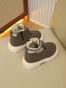 儿童靴子冬季新款复古时尚简约保暖靴系带侧拉链设计雪地靴防风防寒靴 - 灰色 - 查看 5