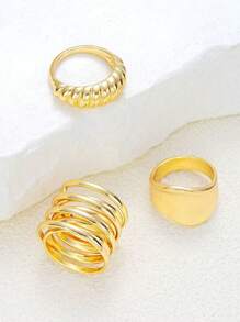 3 pièces Lot Élégant Rétro Ton Or Géométrique Anneaux - Larges Bandes Distinctives Et Conception Tressée Unique, Idéal Pour Le Port Quotidien, Les Fêtes, Les Anniversaires, Noël, La Saint-Valentin, Cadeaux D'accessoires Brillants