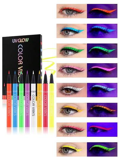 1 套 8 支荧光彩色眼线笔，UV 发光眼线笔，速干持久防水防晕染，霓虹派对面部和身体彩绘，适合节日化妆，是送给男士和女士的理想礼物