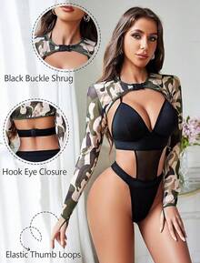 Rave Outfits For Women Festival Sexy Lingerie Bodysuit Buckle Shrug Crop Top Set
