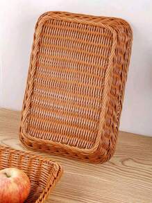 1pc Imitation Rattan Woven Bread Basket, Fruit Basket, Dessert Display Plate, Stackable Tray, Multi-Functional Storage Basket, Hand-Made Storage Basket, Woven Basket, Draining Basket