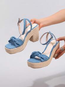 Rope Platform Wedge Heeled Sandals, Twist Open Toe, Summer Vacation Casual High Heel Waterproof Slip-On Slides, Daily Fashion Women Shoes - Blue - View 6