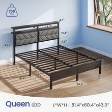 GREENSTELL Bed Frame  With Charging Station, LED Bed With Upholstered Storage Headboard, Metal Platform Bed With Under Bed Storage, No Box Spring Needed, Noise Free, Easy Assembly - 灰色 - 查看 7