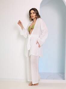 Women's Beachwear Set, Long Sleeve Coat And Simple Casual Pants - trắng - Xem 3