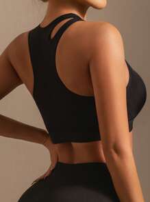 1pc Women's Plain Color Wireless Sports Bra With Cutout Back