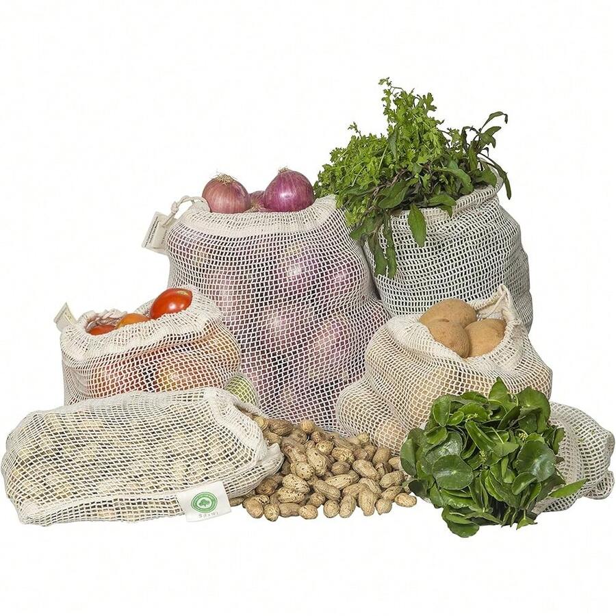New Reusable Mh Vegetable Bags Of 100% Anic Cotton - 6 Piec Perfect Net Produce Bags - , Bio- & Washable Fruit, Vegetable & Produce Bags (3 Medium, 3 All) - 3   3 all - View 1