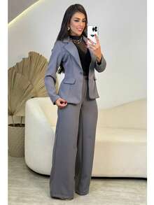 Set Of Wide-Leg Pants And Tailored Lined Blazer - 灰色 - 查看 2