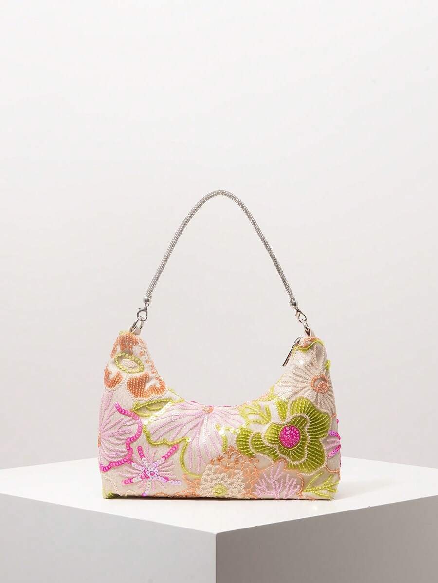 优雅彩色亮片女士单肩包，花卉图案，适合新娘派对、舞会、高档女士手提包、婚礼用品（图案随机）