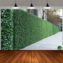 1pc 2D Polyester Fabric Backdrop With Artificial Green Hedge Fence Background, Featuring Trees And Concrete Path - Realistic Polyester Fabric, Suitable For Birthday Parties, Outdoor Celebrations, Festivals - No Electricity Needed, Easy To Install, Party Decor, Natural Appearance, Durable Decoration